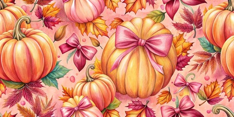 Coquette Pumpkin Ribbon Bow and Fall Leaves Pattern for Preppy Pink Halloween Fabric Print, Grandmillennial Art, Seamless Design for Digital Paper Background