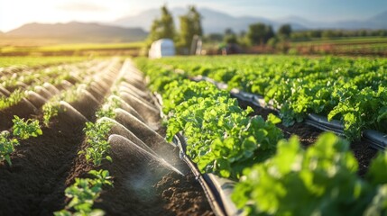 Modern agriculture techniques, depicting advanced farming practices such as hydroponics, drip irrigation, and greenhouse farming, symbolizing efficiency and innovation in contemporary agriculture.