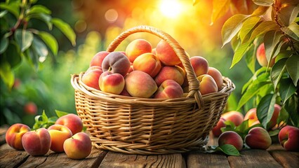 A wicker basket overflowing with ripe peaches, bathed in the warm glow of a setting sun, rests on a wooden table surrounded by lush greenery.