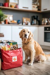 Pet owner preparing an emergency kit for their animals, including food, water, and a first aid kit for their pets