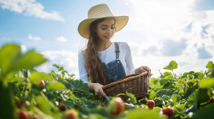A young woman filling a wicker basket with ripe strawberries on a U-Pick farm, surrounded by rows of low strawberry plants under a bright summer sky. v2