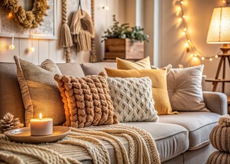 Cozy Living Room Interior with Knitted Decor for a Serene Atmosphere, Embracing Elegance and Comfort in Home Design