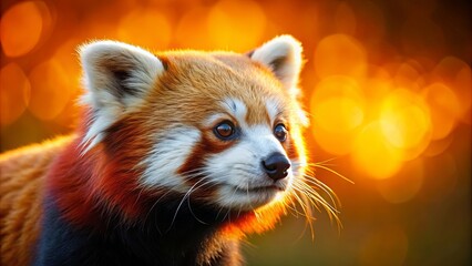 Fototapeta premium A Red Panda Gazes Intently at a Golden Sunset, with its Fur Glowing in the Warm Light