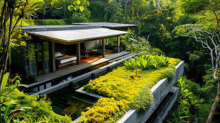 Naklejka premium Luxurious modern eco-friendly home nestled in lush greenery, with expansive outdoor and indoor living spaces blending harmoniously with nature.
