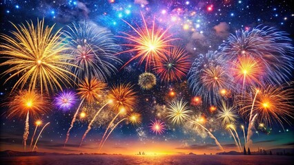 A vibrant display of fireworks explodes across the night sky, illuminating the distant horizon with a warm glow.