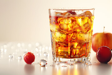 Yellow Amber Apple juice with ice on white background. Realistic drink fruit juice in glossy surface template pattern. Studio shot of apple juice or lemon tea in glass luxurious with drinking.