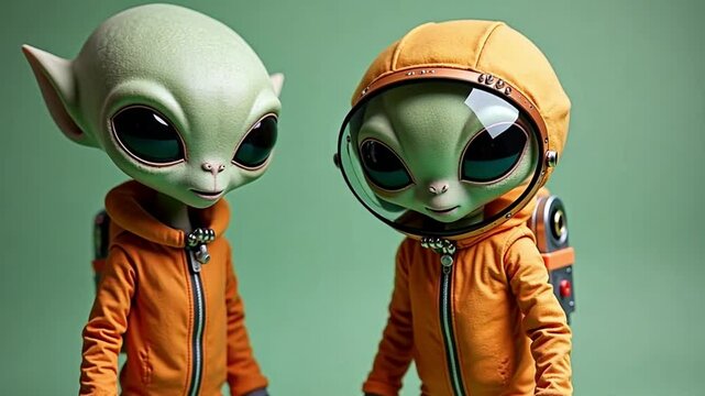 Two gray aliens with long necks and green jellyfish texture. Each alien is tall with a long, soft, cheerful face and big black eyes. An alien wears an orange astronaut suit with a helmet.