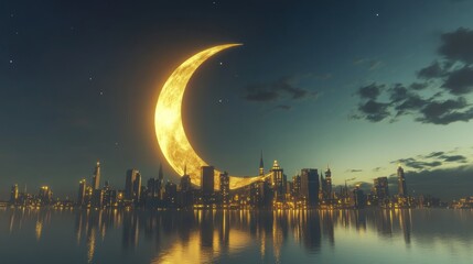 Crescent Moon over Cityscape
