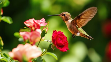 Fototapeta premium A vibrant hummingbird flitting among lush garden roses, its iridescent feathers shimmering in the sunlight as it hovers gracefully over the blossoms. The soft petals of the roses are in full bloom,