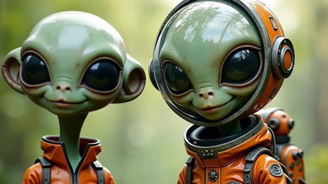 Two gray aliens with long necks and green jellyfish texture. Each alien is tall with a long, soft, cheerful face and big black eyes. An alien wears an orange astronaut suit with a helmet.