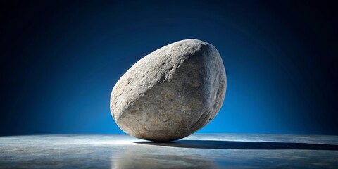 A solitary, smooth, grey stone rests on a flat surface against a vibrant blue background, casting a subtle shadow, creating a serene and balanced visual composition.