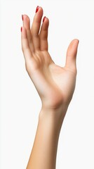Obraz premium Elegant female hand with perfectly manicured red nails gracefully extended against a white background, showcasing beauty and care in a minimalist style.