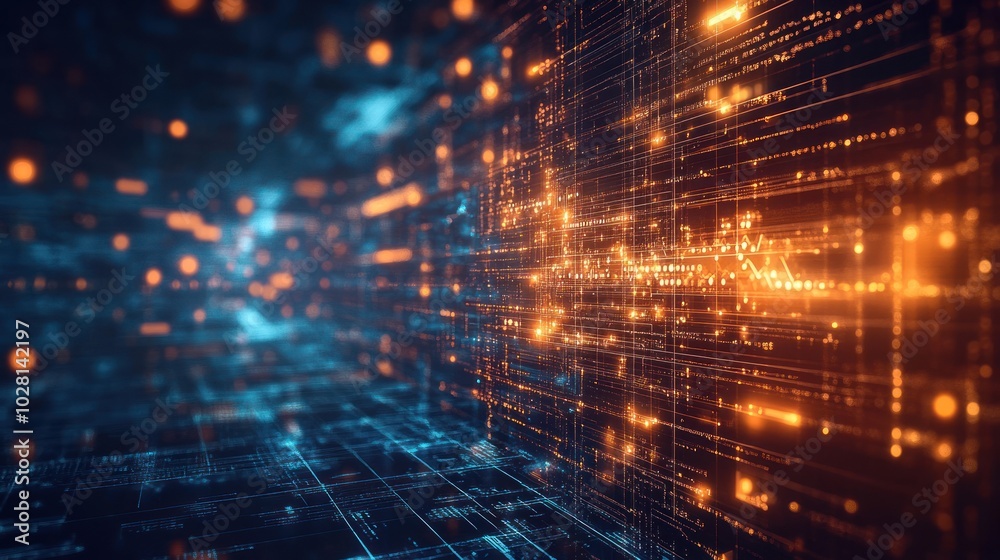 Poster quantum computing innovation background, filled with quantum particles, circuits, and abstract data 