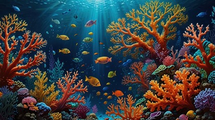 Naklejka premium A vibrant underwater scene with a colorful array of coral reefs and fish swimming in the clear blue water. Sunlight streams through the surface, illuminating the scene.