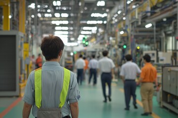 Factory performing a safety evacuation drill, workers following the emergency plan and heading to the designated