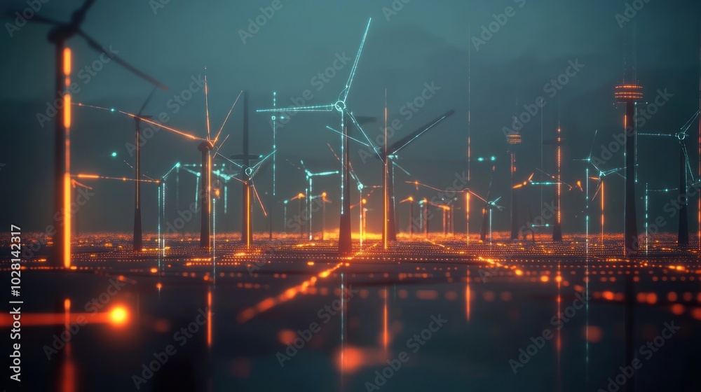 Wall mural renewable energy data networks with glowing lines, showing interconnected glowing lines between sola