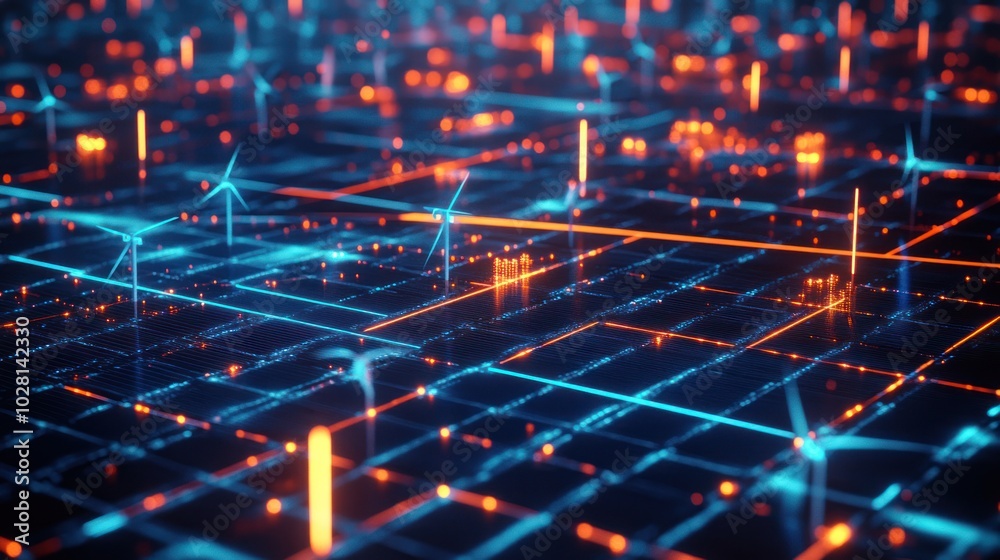 Wall mural renewable energy data networks with glowing lines, showing interconnected glowing lines between sola