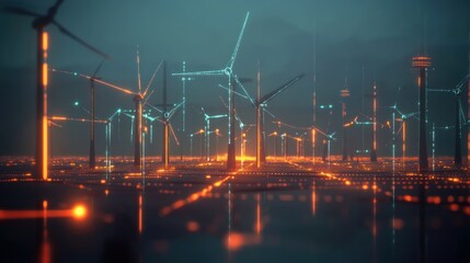 Renewable energy data networks with glowing lines, showing interconnected glowing lines between solar panels, wind turbines, and energy grids, 