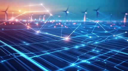 Renewable energy data networks with glowing lines, showing interconnected glowing lines between solar panels, wind turbines, and energy grids, 