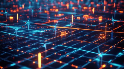 Renewable energy data networks with glowing lines, showing interconnected glowing lines between solar panels, wind turbines, and energy grids,