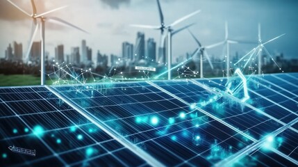 Renewable energy technology background, combining solar panels, wind turbines, and energy data streams, highlighting the future of sustainable, eco-friendly power technologies.