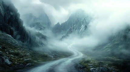 Road and mountain landscape with fog, depicting a mysterious road disappearing into dense fog with rugged mountain peaks barely visible in the distance, creating a mystical atmosphere.