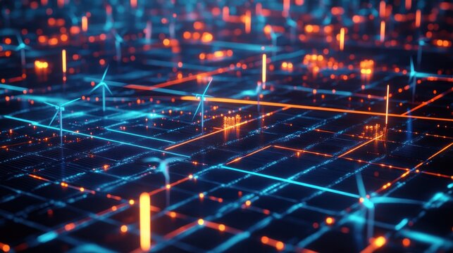 Renewable energy data networks with glowing lines, showing interconnected glowing lines between solar panels, wind turbines, and energy grids, 