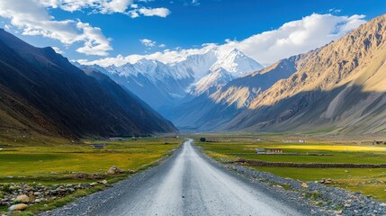Fototapeta premium Road through mountains for spiritual journeys, featuring a tranquil mountain road leading to monasteries or meditation retreats, symbolizing a peaceful journey of self-discovery and spiritual growth.