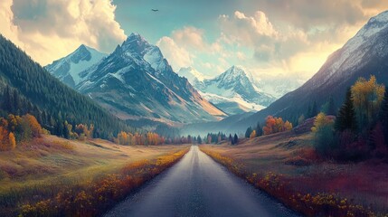 Road through mountains for spiritual journeys, featuring a tranquil mountain road leading to monasteries or meditation retreats, symbolizing a peaceful journey of self-discovery and spiritual growth.