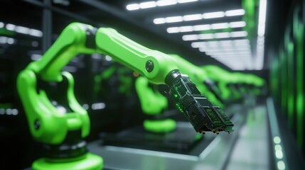Robotic arms for sustainable manufacturing, showcasing eco-friendly, energy-efficient robotic arms in a factory setting, emphasizing automation for sustainable and green manufacturing practices.