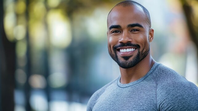 Smiling African American man in fitness wear, showing a happy, athletic man in stylish sportswear, symbolizing energy, wellness, and positivity through fitness and healthy living.
