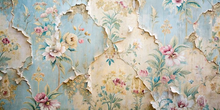 A faded floral pattern wallpaper with peeling paint reveals the layers of time and decay beneath.