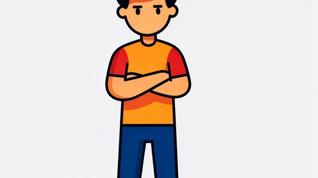 A cartoon boy stands with his arms crossed, looking annoyed