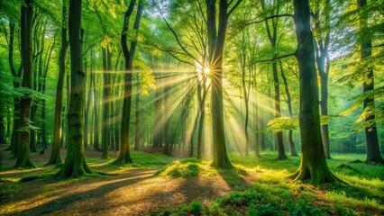 Obraz premium Sunlight Illuminates a Serene Forest, Bathed in a Soft Glow, Casting Long Shadows on the Lush Greenery, Creating a Picturesque Tranquility