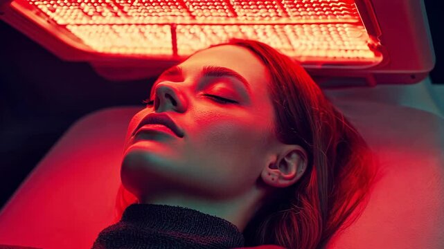 A woman relaxes under a red light therapy device at a spa