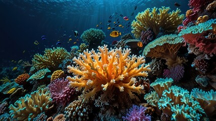 Obraz premium A vibrant underwater scene with a variety of coral species in different shapes and colors. A school of fish swim by.