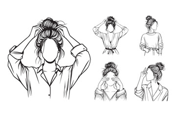 Line Art Beauty Women Model Pose With Messy Bun Hair Art Black and White Illustration Hand Drawn Clipart