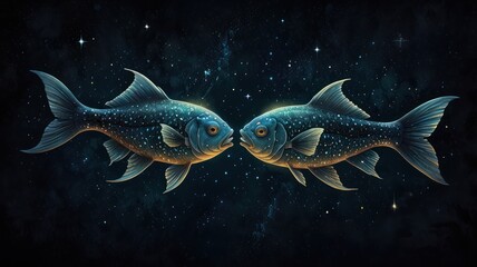 Two starry fish face each other against a dark, starry background.