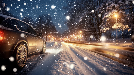 Winter driving conditions: a car rushing on a snowy highway with snowfall and a winter forest on both sides, potential for a dangerous situation