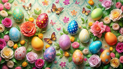 A vibrant tapestry of spring's bounty, featuring a collection of intricately decorated Easter eggs amidst a delicate arrangement of blooming roses and fluttering butterflies.