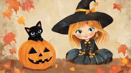 Vintage Halloween postcard featuring a little witch holding a pumpkin with a black cat by her side. The design exudes nostalgic Halloween charm, capturing the magic and whimsy of the season 