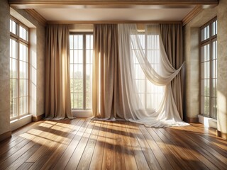Elegant Wooden Floor Setting with Sheer Curtains &ndash; Soft Atmosphere for Interior Design Inspiration and Home Decor Ideas