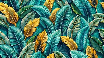 An Abstract Pattern of Intertwined Teal and Golden Leaves with a Lush and Tropical Aesthetic