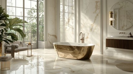 Perspective shot of a luxurious bathroom featuring bronze fixtures, a freestanding bathtub, and floor-to-ceiling marble tiles, creating a serene and lavish space