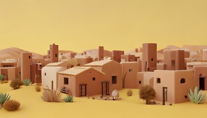 Cute New Mexico neighborhood Abstract 3D design. Adobe house. Sunny desert.