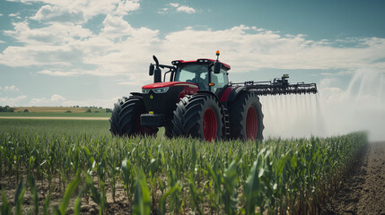 A modern tractor with large tires moves across a sprawling cornfield, spraying water or nutrients...