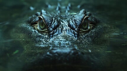 Fototapeta premium Crocodile swimming stealthily in murky water with only its eyes and snout visible above the surface