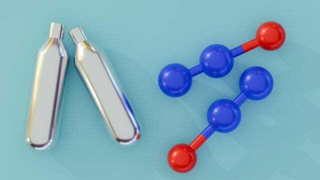 3d rendering of Nitrous oxide (N2O) molecules, also known as laughing gas. As a propellant in whipped cream cans and a flavoring agent, or for a sedative and pain reliever.