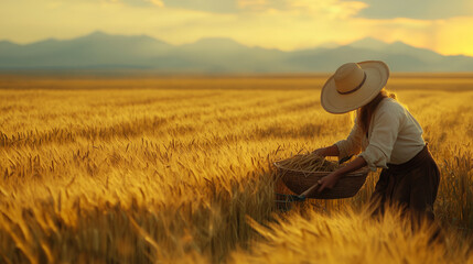 A woman wearing a wide-brimmed hat, carefully cutting golden wheat with a sickle in a vast sunlit field.