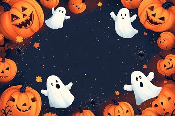 Naklejka premium A playful Halloween illustration features jack-o'-lanterns, friendly ghosts, and creepy spiders surrounding a dark space. The festive design is perfect for Halloween invitations, party flyers 